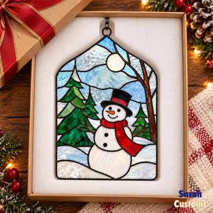 Snowman in Snowy Pine Forest Christmas Suncatcher