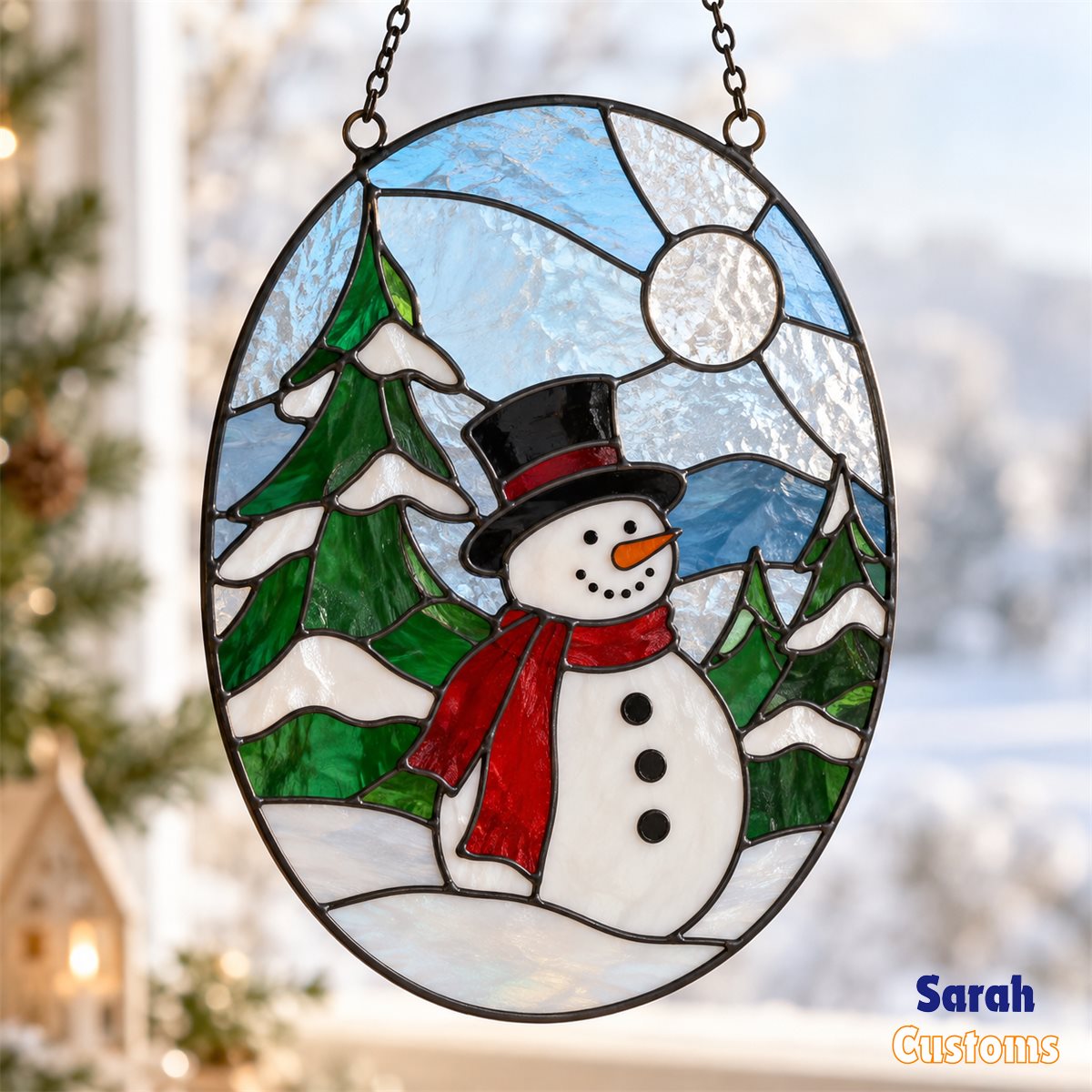 Snowman in Winter Forest Oval Suncatcher