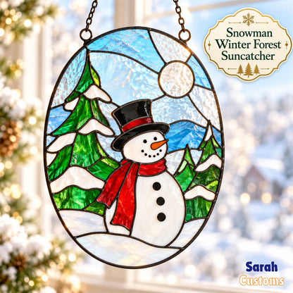 Snowman in Winter Forest Oval Suncatcher