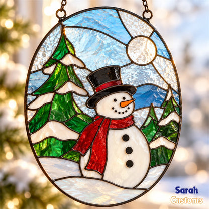Snowman in Winter Forest Oval Suncatcher