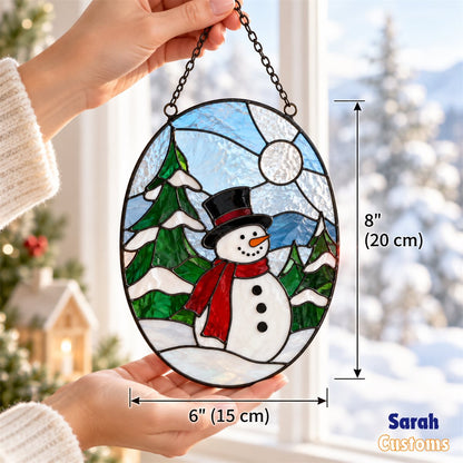 Snowman in Winter Forest Oval Suncatcher