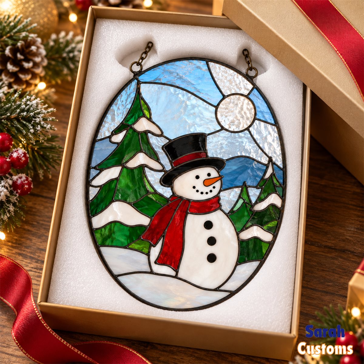 Snowman in Winter Forest Oval Suncatcher