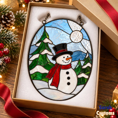 Snowman in Winter Forest Oval Suncatcher