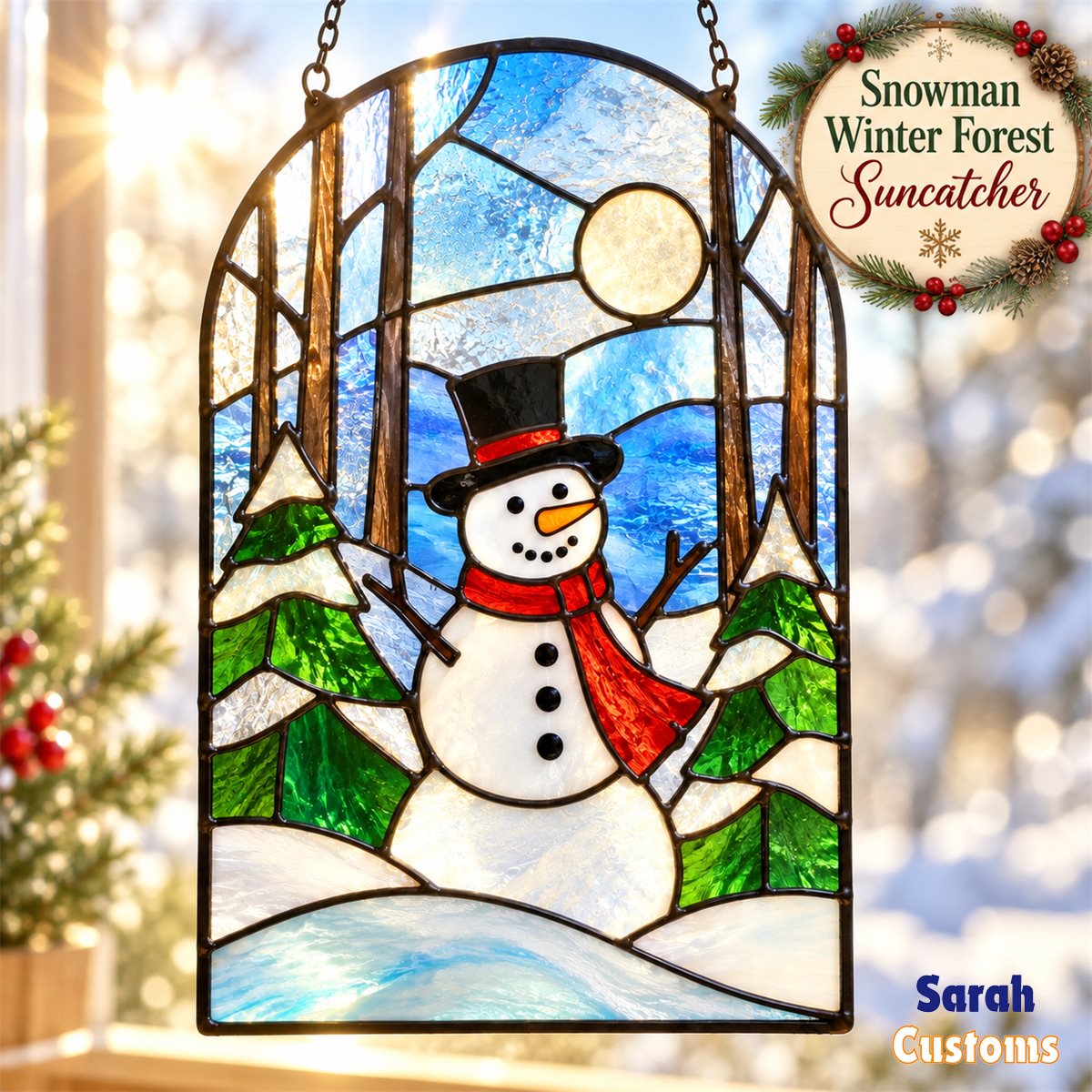 Snowman in Winter Forest Window Suncatcher
