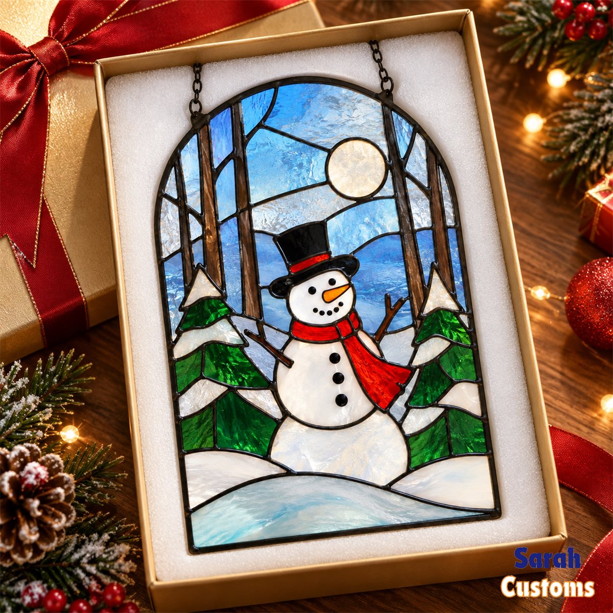 Snowman in Winter Forest Window Suncatcher