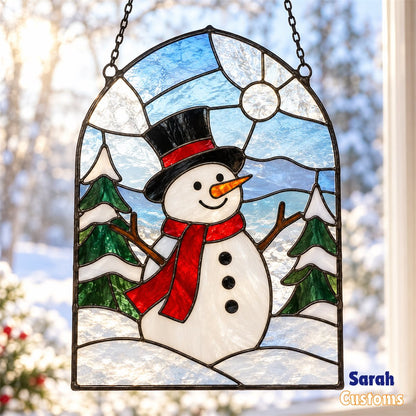 Snowman Under Winter Moon Stained Glass Suncatcher