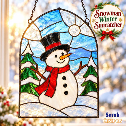 Snowman Under Winter Moon Stained Glass Suncatcher