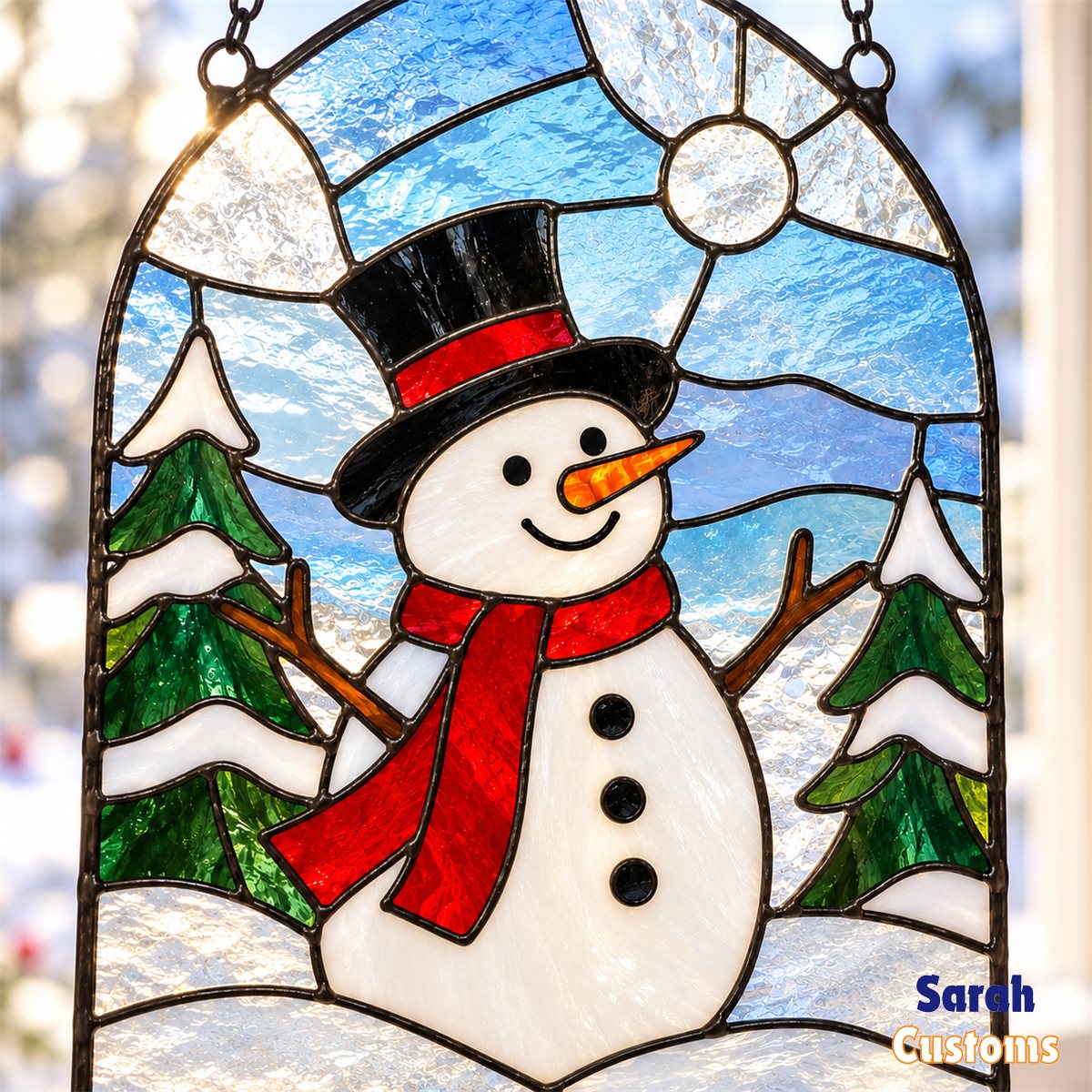 Snowman Under Winter Moon Stained Glass Suncatcher