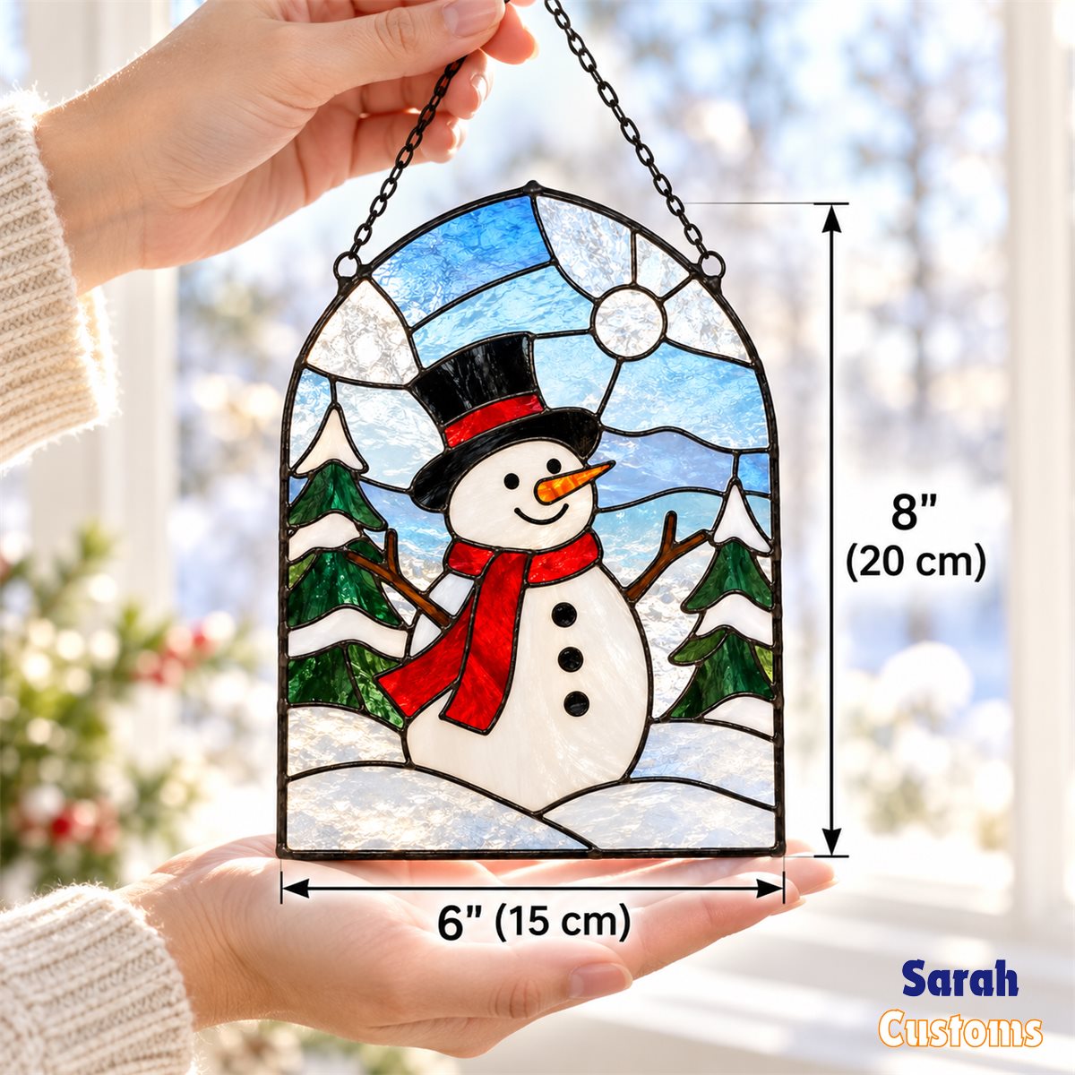 Snowman Under Winter Moon Stained Glass Suncatcher