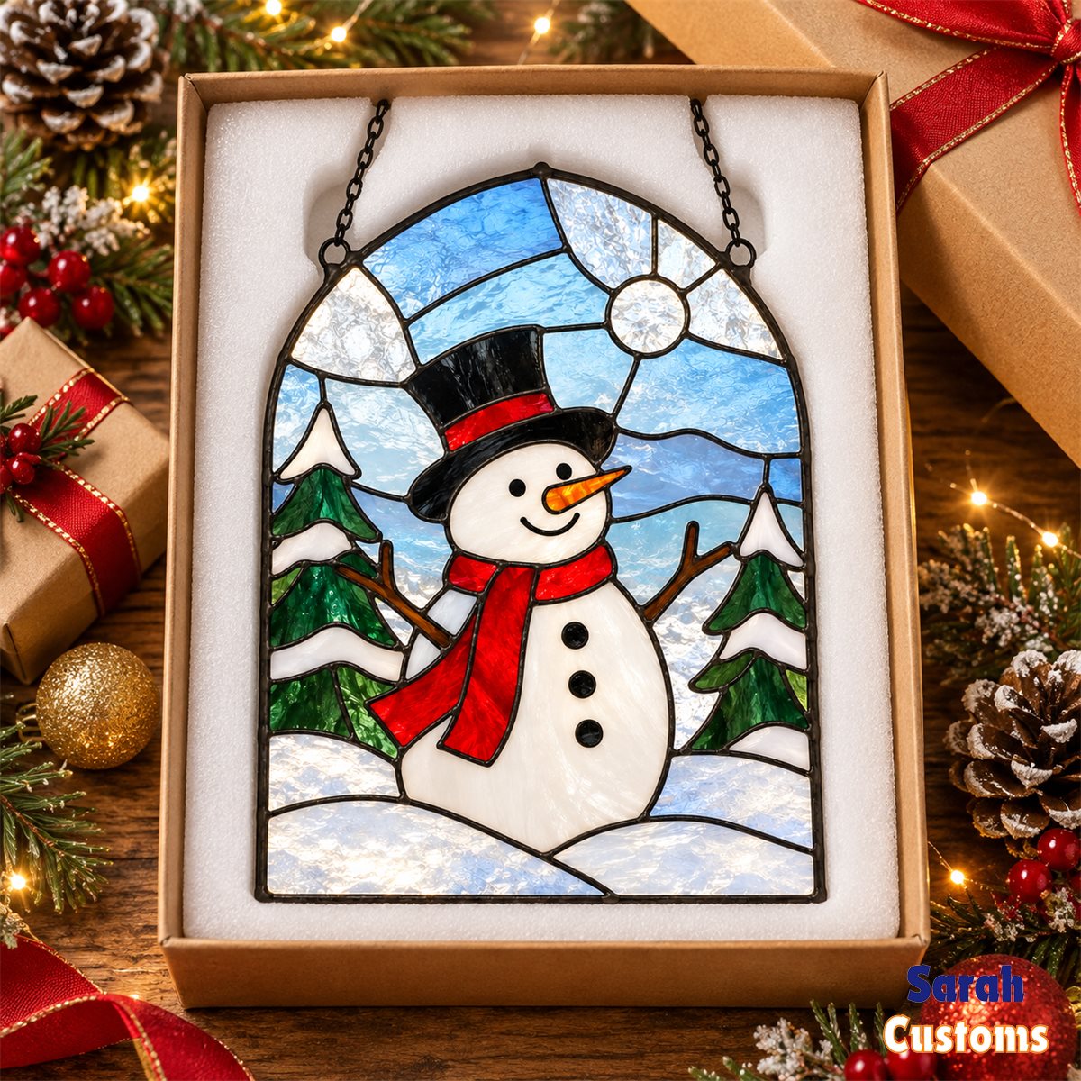 Snowman Under Winter Moon Stained Glass Suncatcher